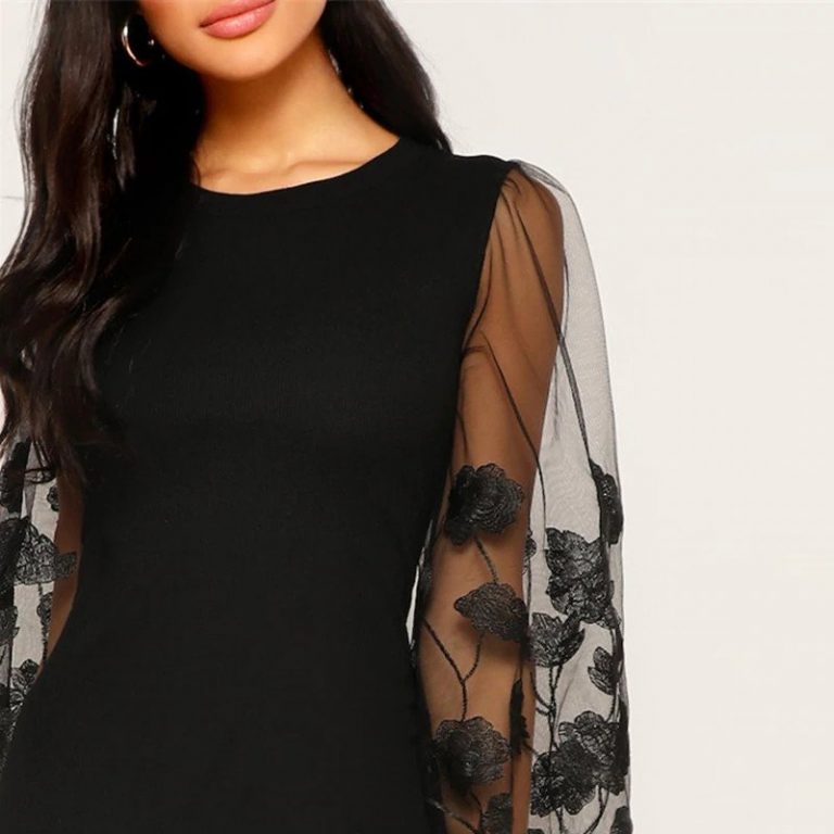 Black Embroidery Mesh Insert Stretchy Bishop Sleeve Fitted Bodycon Dress - Image 5