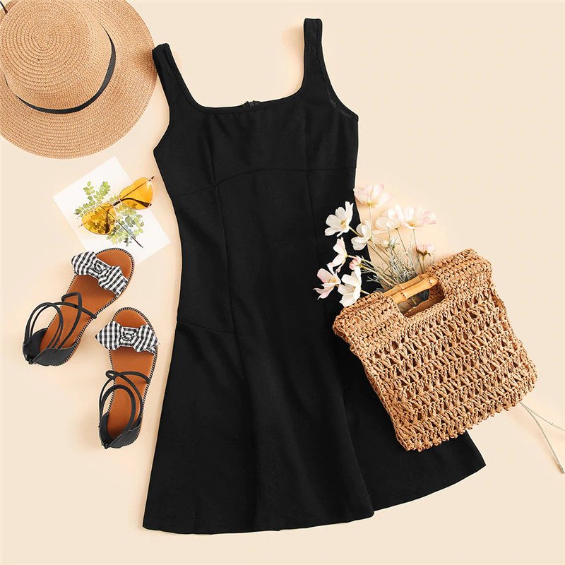 Black Fit And Flare Solid Dress Elegant Straps Sleeveless Plain A Line Dresses - Image 6