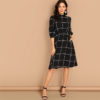 Black Frilled Neck Plaid Print Women Casual Midi Dress