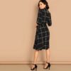 Black Frilled Neck Plaid Print Women Casual Midi Dress - Image 2