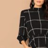 Black Frilled Neck Plaid Print Women Casual Midi Dress - Image 4