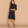 Black Frilled Neck Plaid Print Women Casual Midi Dress - Image 5