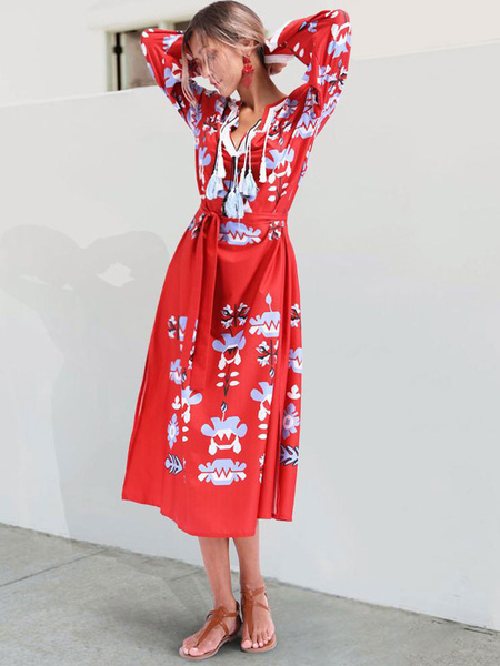 Boho V Neck Tassels Printed Dress