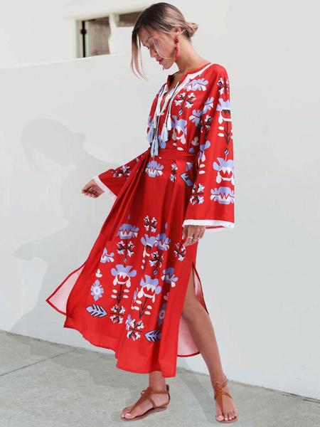 Boho V Neck Tassels Printed Dress - Image 2