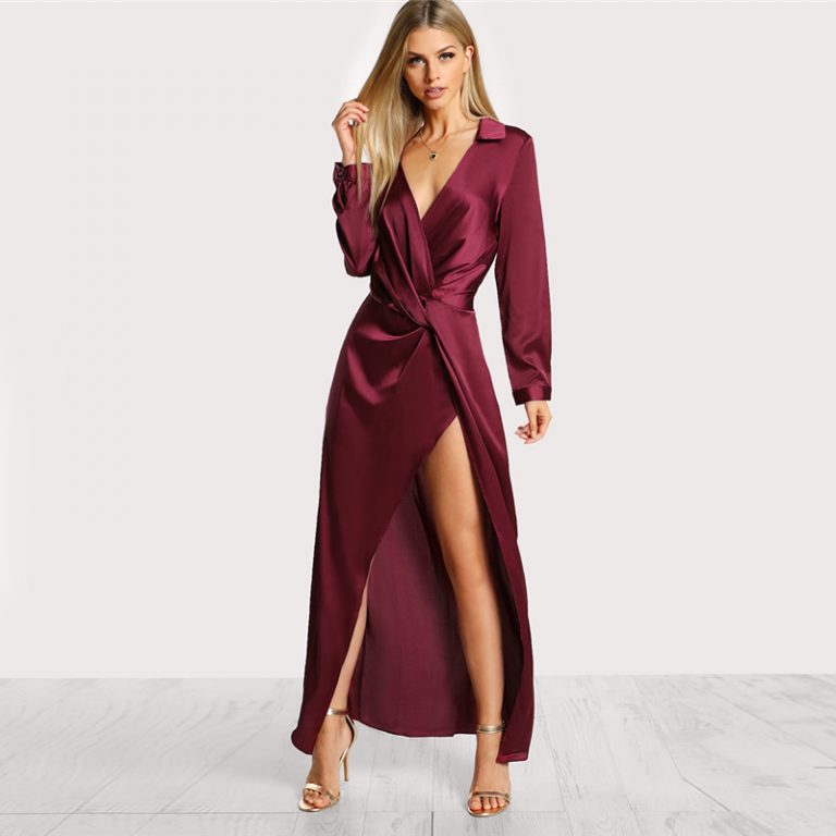 Burgundy Sexy Party Dress Satin Front Twist Wrap Dress