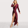 Burgundy Sexy Party Dress Satin Front Twist Wrap Dress - Image 3