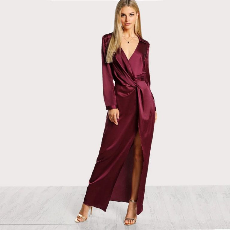 Burgundy Sexy Party Dress Satin Front Twist Wrap Dress - Image 4