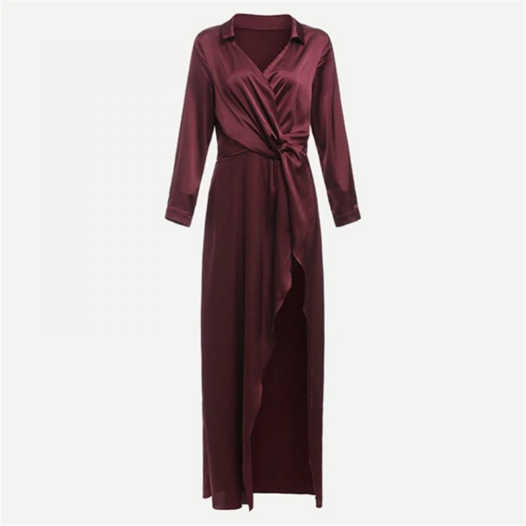 Burgundy Sexy Party Dress Satin Front Twist Wrap Dress - Image 6