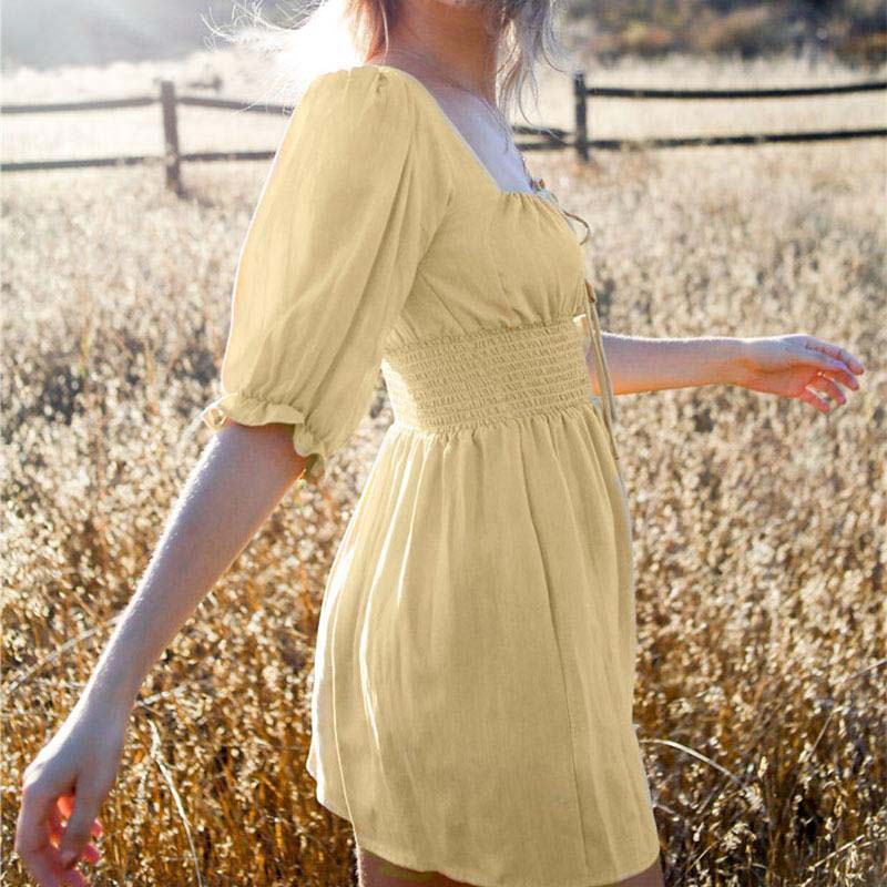 Casual High Waist Lace up Square Collar Mini Dress - Image 4