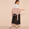 Colorblock Scalloped Trim Abaya Pink Deep V Neck Dress - Image 2
