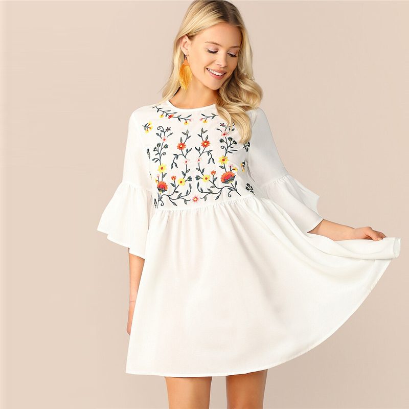 Embroidered Floral Flounce Sleeve Smock Boho Dress