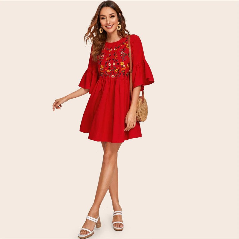 Embroidered Floral Flounce Sleeve Smock Boho Dress - Image 10
