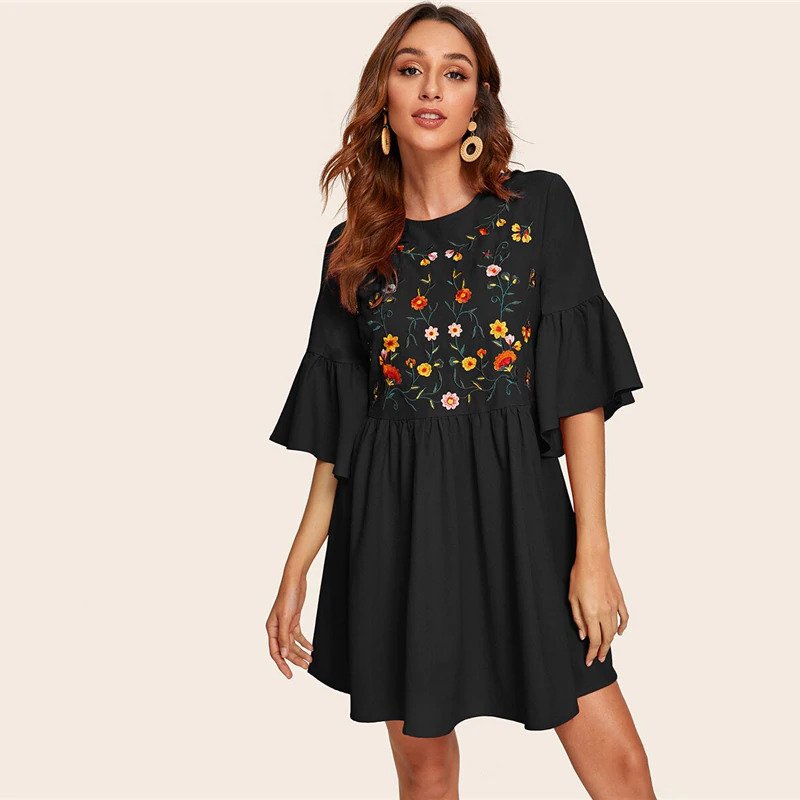 Embroidered Floral Flounce Sleeve Smock Boho Dress - Image 11