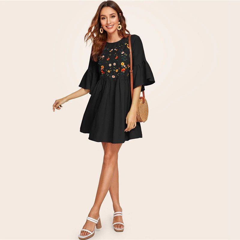 Embroidered Floral Flounce Sleeve Smock Boho Dress - Image 13