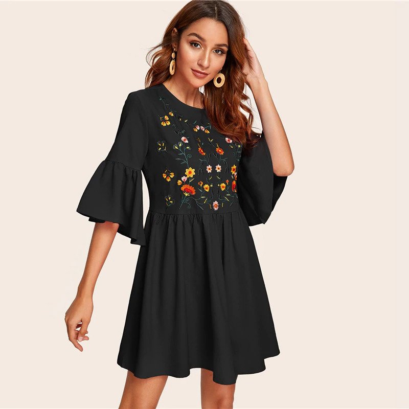 Embroidered Floral Flounce Sleeve Smock Boho Dress - Image 14