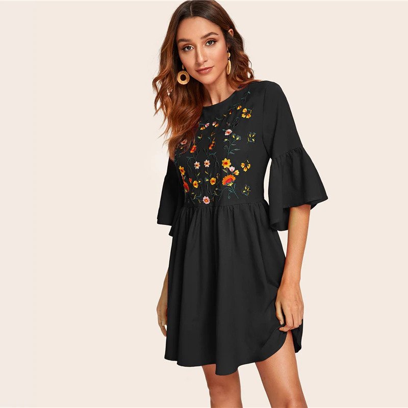 Embroidered Floral Flounce Sleeve Smock Boho Dress - Image 15
