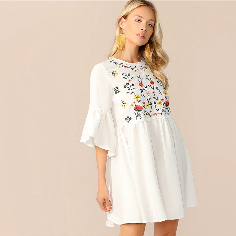 Embroidered Floral Flounce Sleeve Smock Boho Dress - Image 3