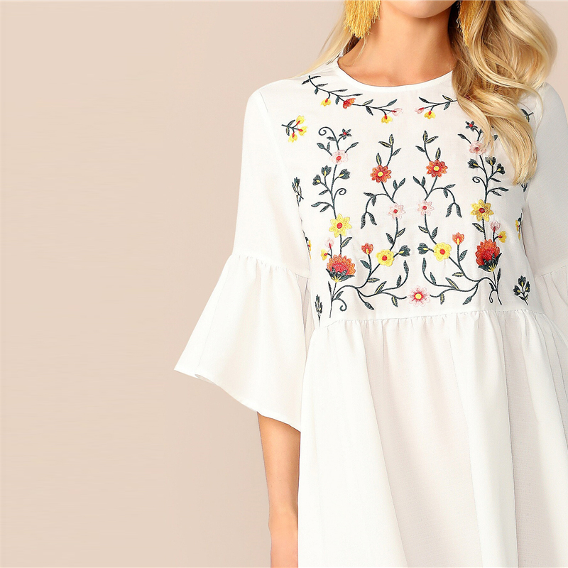Embroidered Floral Flounce Sleeve Smock Boho Dress - Image 4
