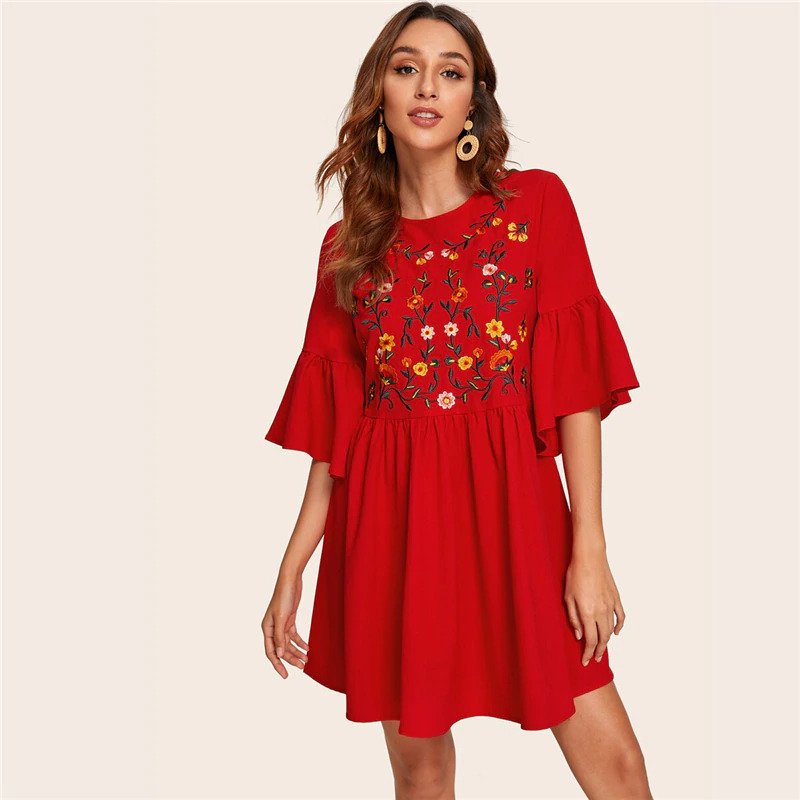 Embroidered Floral Flounce Sleeve Smock Boho Dress - Image 6