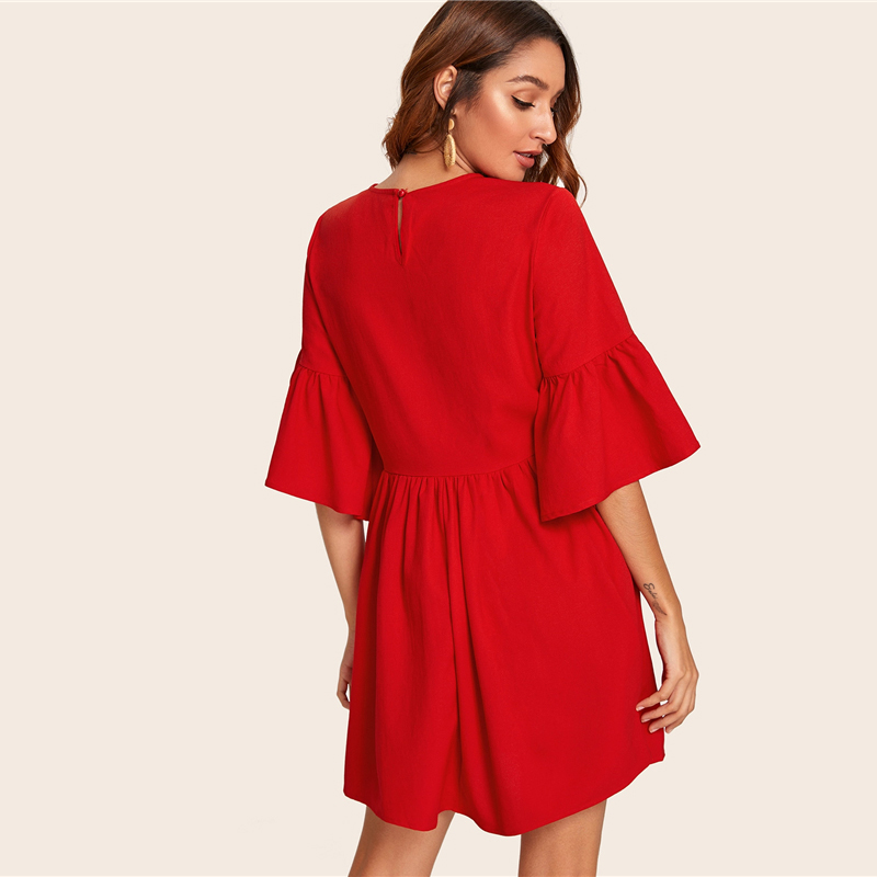 Embroidered Floral Flounce Sleeve Smock Boho Dress - Image 7