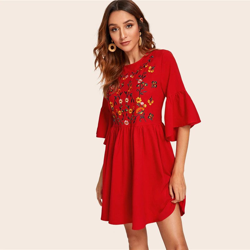 Embroidered Floral Flounce Sleeve Smock Boho Dress - Image 8
