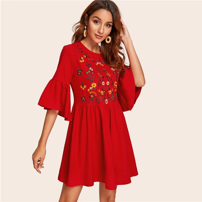 Embroidered Floral Flounce Sleeve Smock Boho Dress - Image 9
