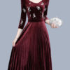 Embroidered Velour Pleated Women's Midi Dress