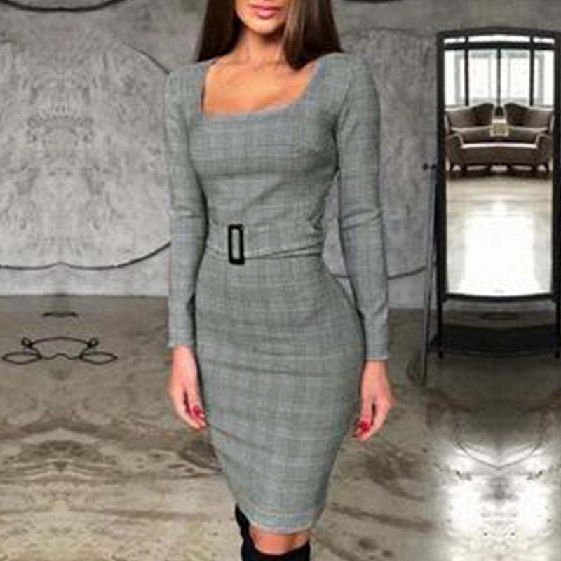 Fashion Plaid Long Sleeve Bodycon Dress