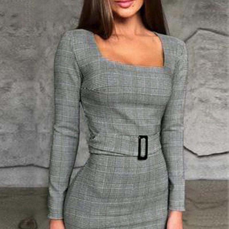 Fashion Plaid Long Sleeve Bodycon Dress - Image 3