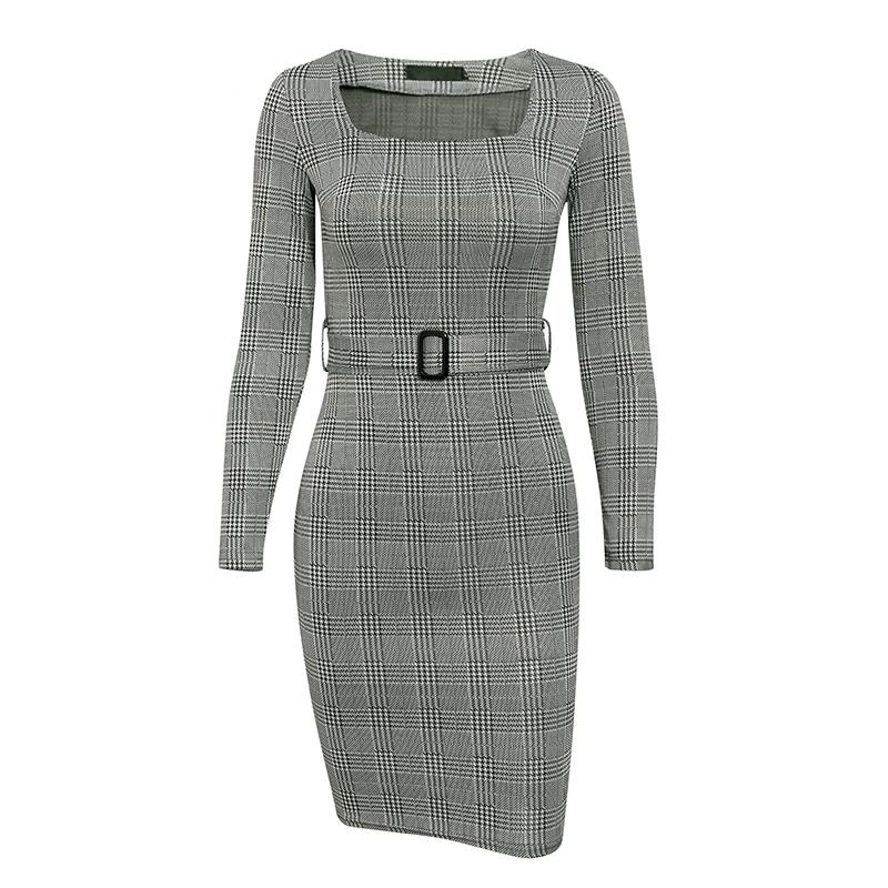 Fashion Plaid Long Sleeve Bodycon Dress - Image 4