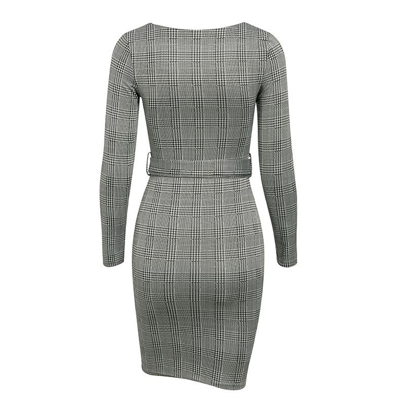 Fashion Plaid Long Sleeve Bodycon Dress - Image 5