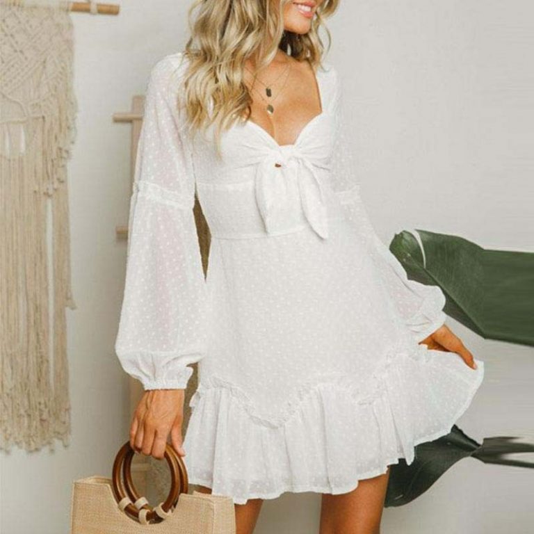 Fashion Polka Dot Chiffon Mini Dress Long Sleeve Bow