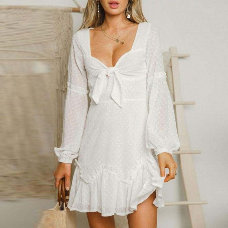 Fashion Polka Dot Chiffon Mini Dress Long Sleeve Bow - Image 2