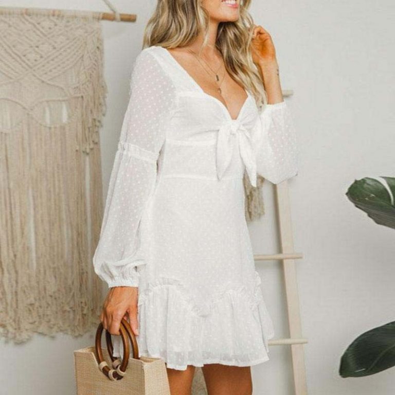 Fashion Polka Dot Chiffon Mini Dress Long Sleeve Bow - Image 4