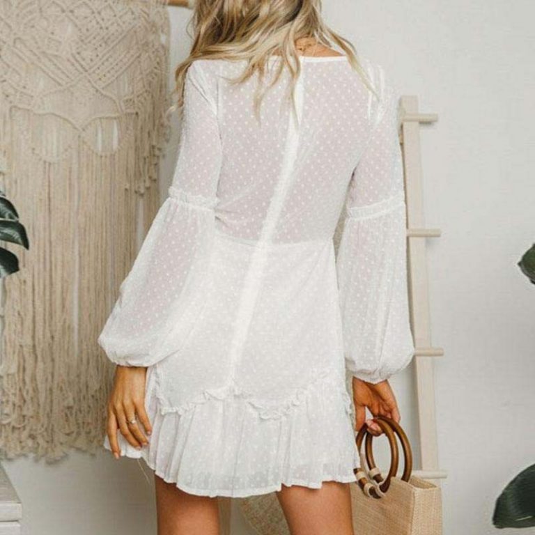 Fashion Polka Dot Chiffon Mini Dress Long Sleeve Bow - Image 6