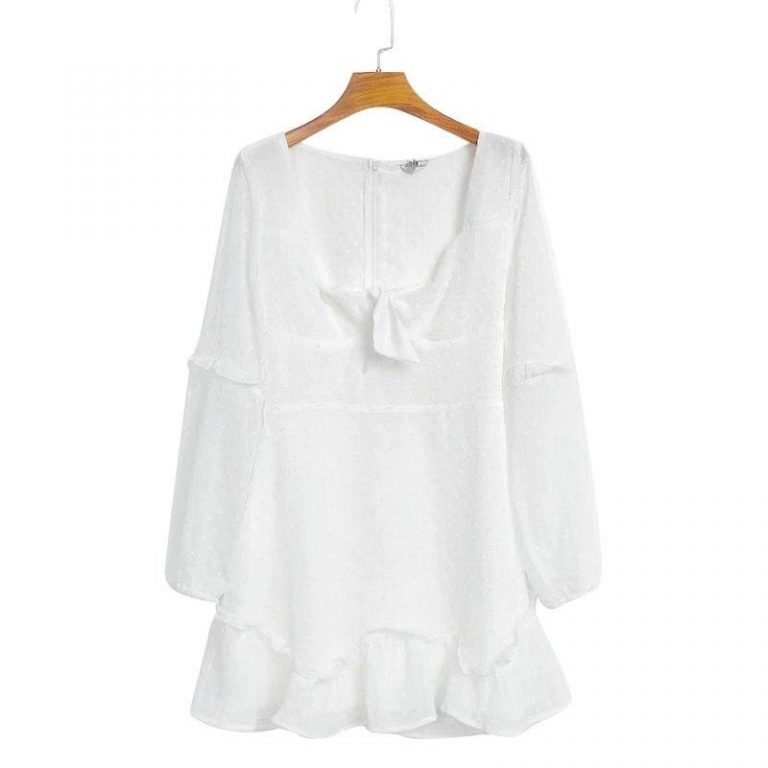 Fashion Polka Dot Chiffon Mini Dress Long Sleeve Bow - Image 7