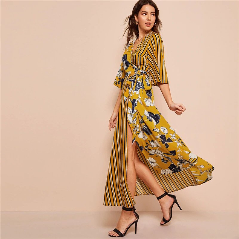 Floral Striped Print Surplice Neck Dress Three Quarter Length Sleeve