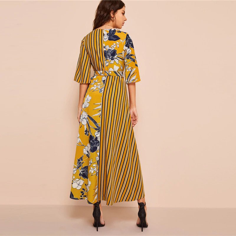 Floral Striped Print Surplice Neck Dress Three Quarter Length Sleeve - Image 2