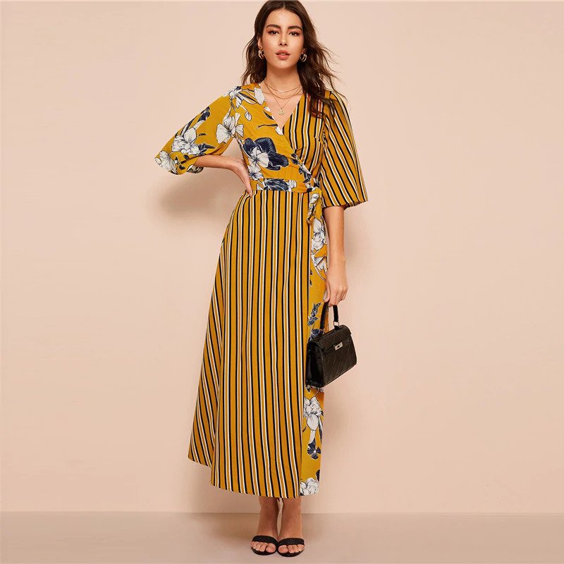 Floral Striped Print Surplice Neck Dress Three Quarter Length Sleeve - Image 3