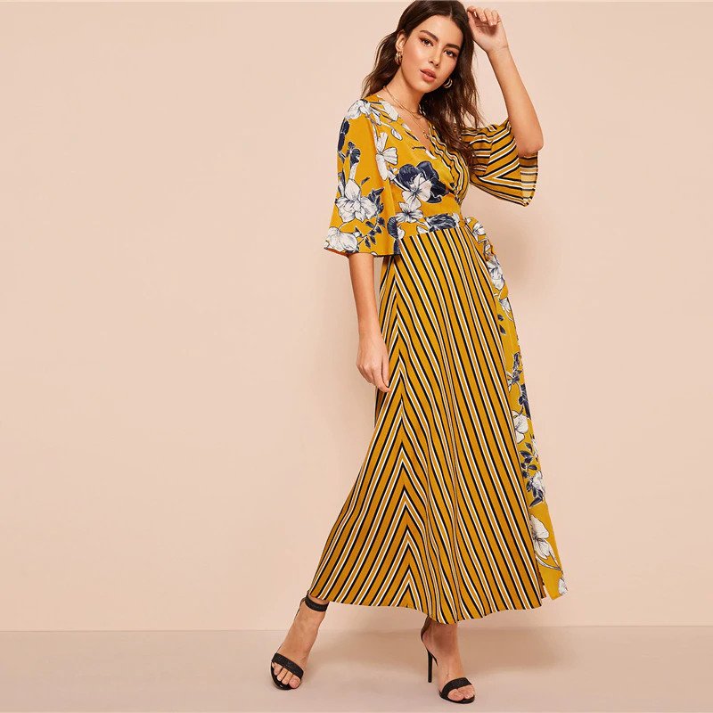 Floral Striped Print Surplice Neck Dress Three Quarter Length Sleeve - Image 4