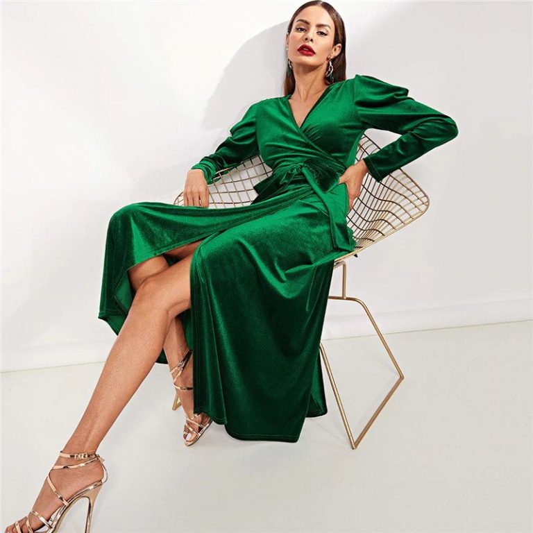 Green Elegant Party Solid Puff Sleeve Tie Waist Split Side Surplice Wrap Dress