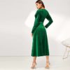 Green Elegant Party Solid Puff Sleeve Tie Waist Split Side Surplice Wrap Dress - Image 2