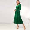 Green Elegant Party Solid Puff Sleeve Tie Waist Split Side Surplice Wrap Dress - Image 3