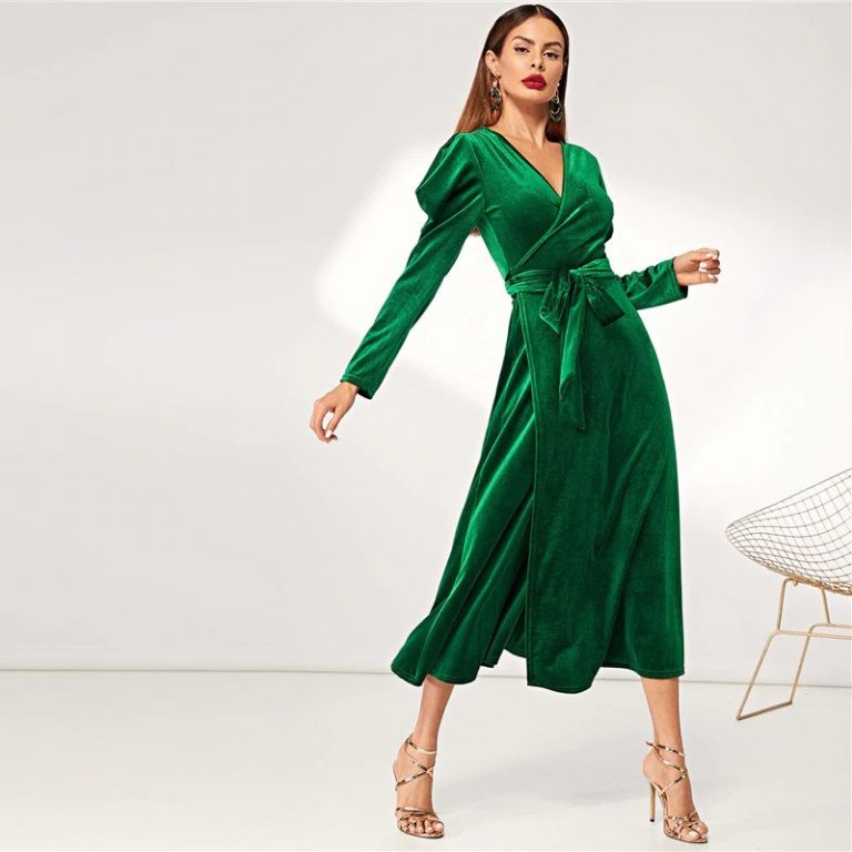 Green Elegant Party Solid Puff Sleeve Tie Waist Split Side Surplice Wrap Dress - Image 4