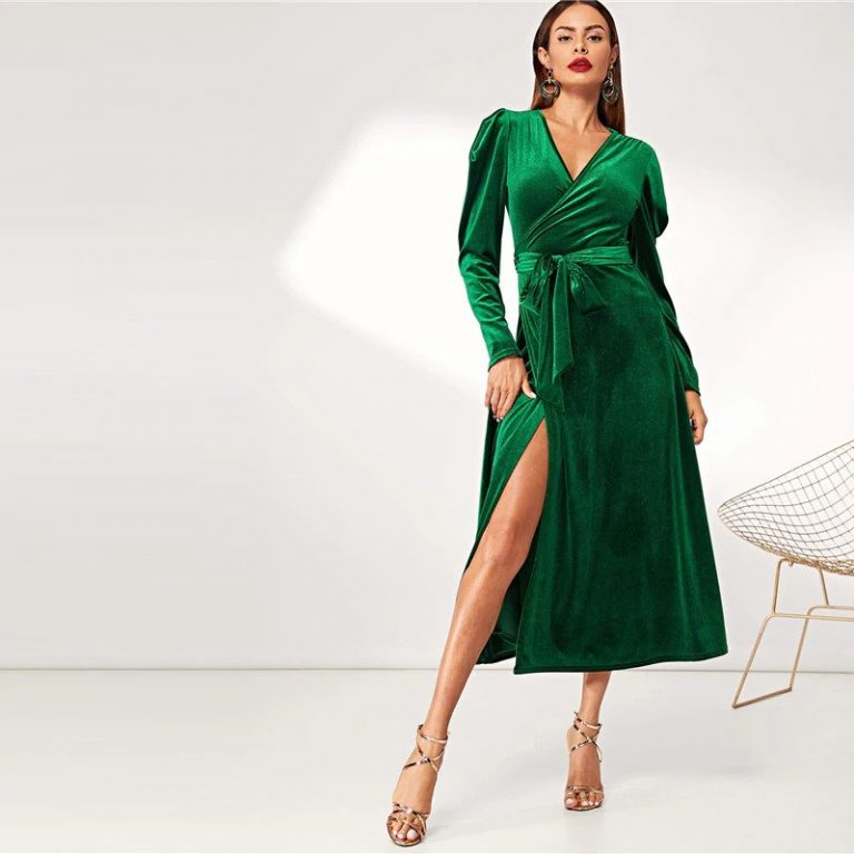 Green Elegant Party Solid Puff Sleeve Tie Waist Split Side Surplice Wrap Dress - Image 5