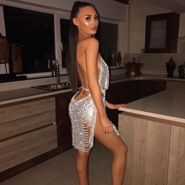 Halter Sexy Deep V-Neck Sequin Bodycon Party Dress - Image 5