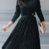 High Collar Pleated Pearls Midi Dress