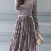 High Collar Pleated Pearls Midi Dress - Image 4