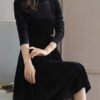 High Collar Pleated Pearls Midi Dress - Image 3