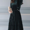 High Collar Pleated Pearls Midi Dress - Image 2